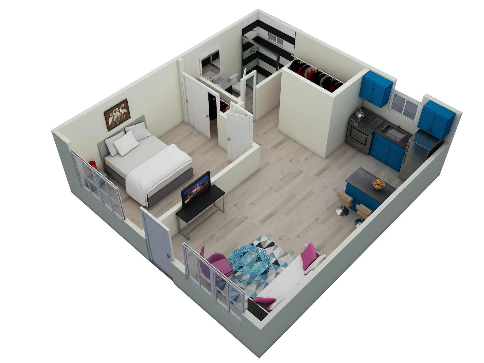 Floor plan for 1 bed, 1 bath, 600 sqft